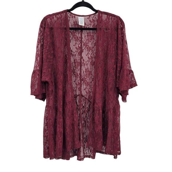Time and Tru Lace Cardigan Maroon Wine L-XL Peplum Ruffle Bell 3/4 Sleeve Tunic - Picture 1 of 12